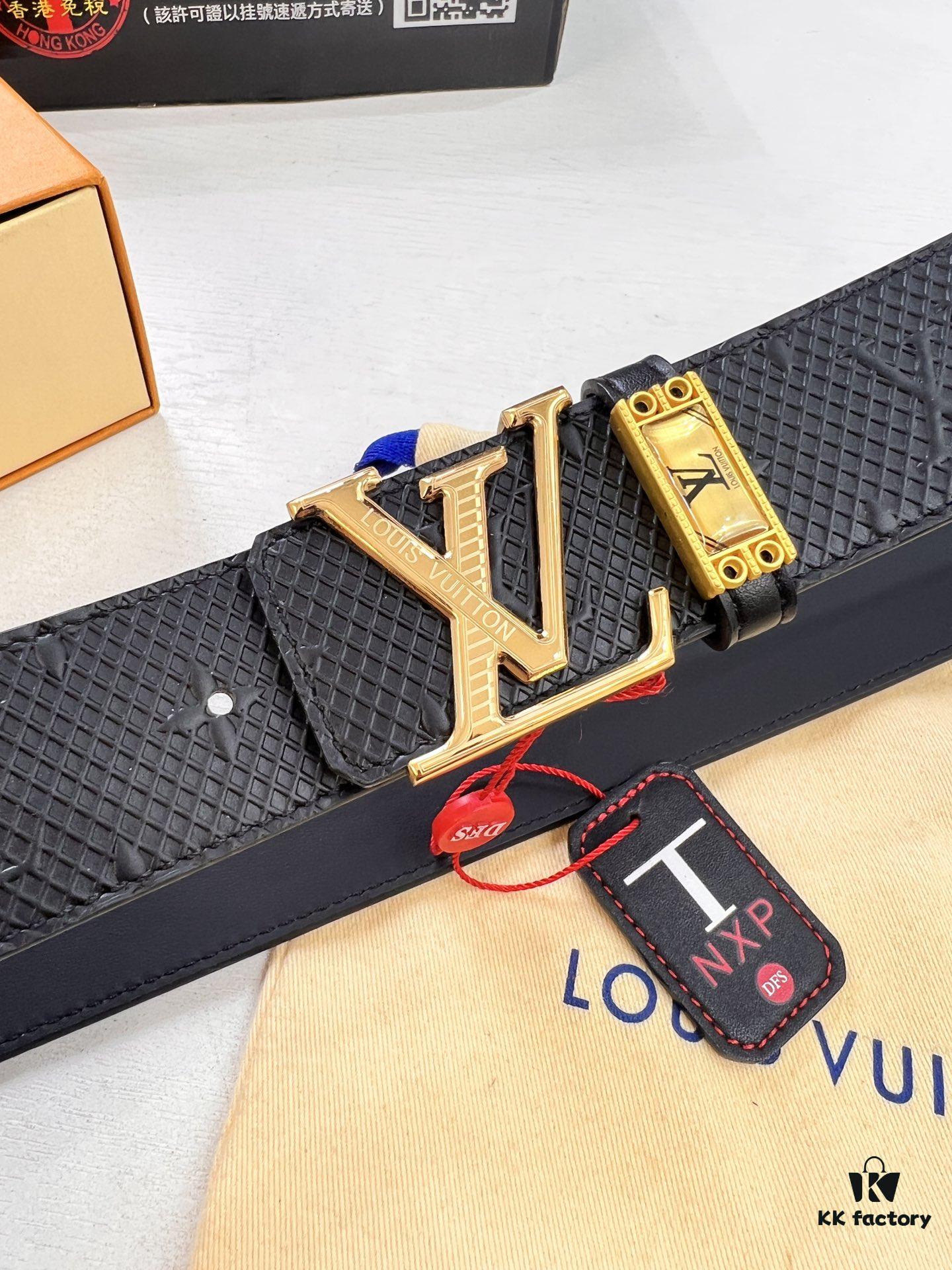 Louis Vuitton LV Men's Belt, Imported Genuine Original Factory Embossing, Top-Quality Full-Grain Calfskin Leather, 3.8cm Width, Brass Hardware with Precision Lettering