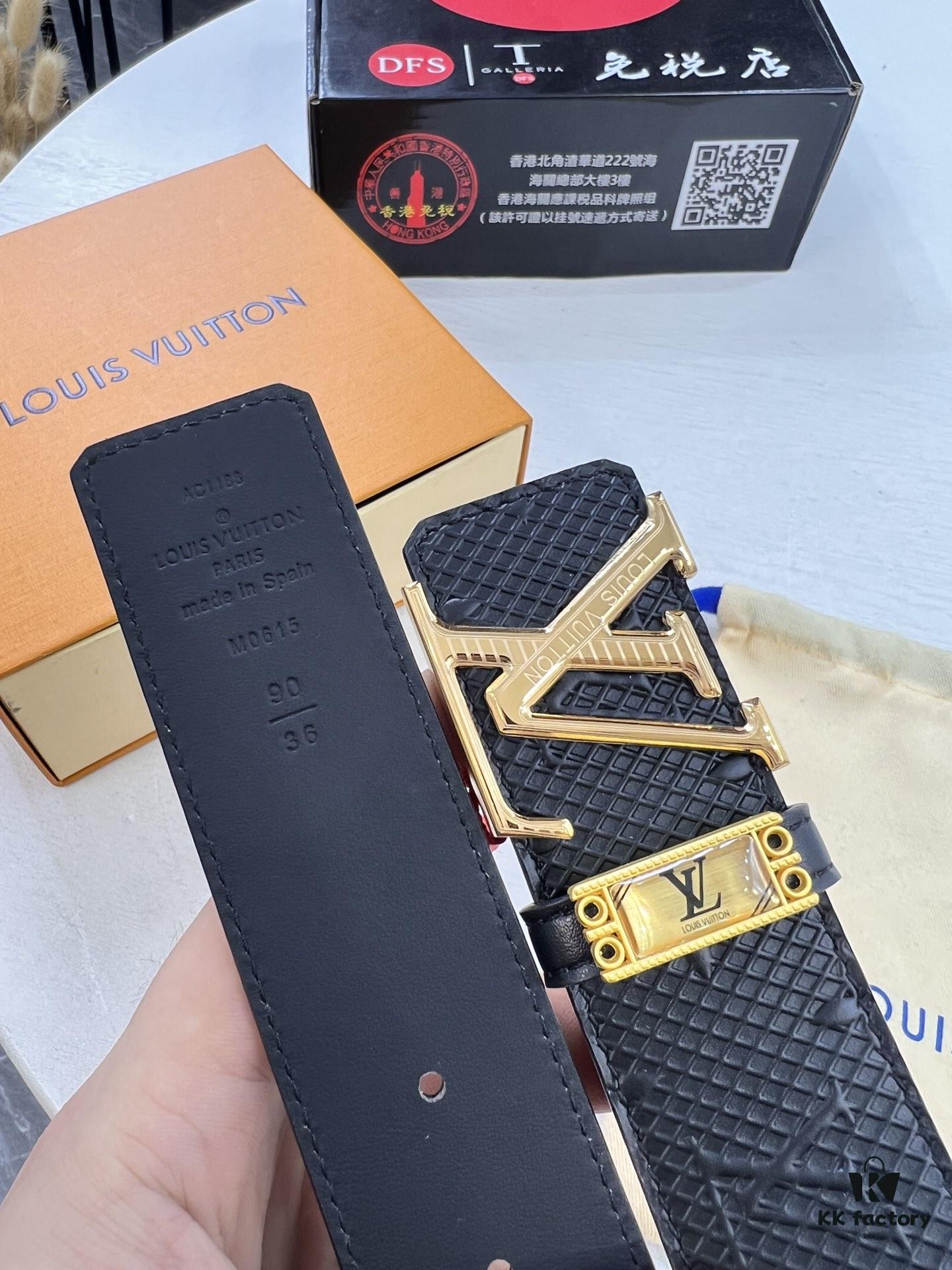 Louis Vuitton LV Men's Belt, Imported Genuine Original Factory Embossing, Top-Quality Full-Grain Calfskin Leather, 3.8cm Width, Brass Hardware with Precision Lettering