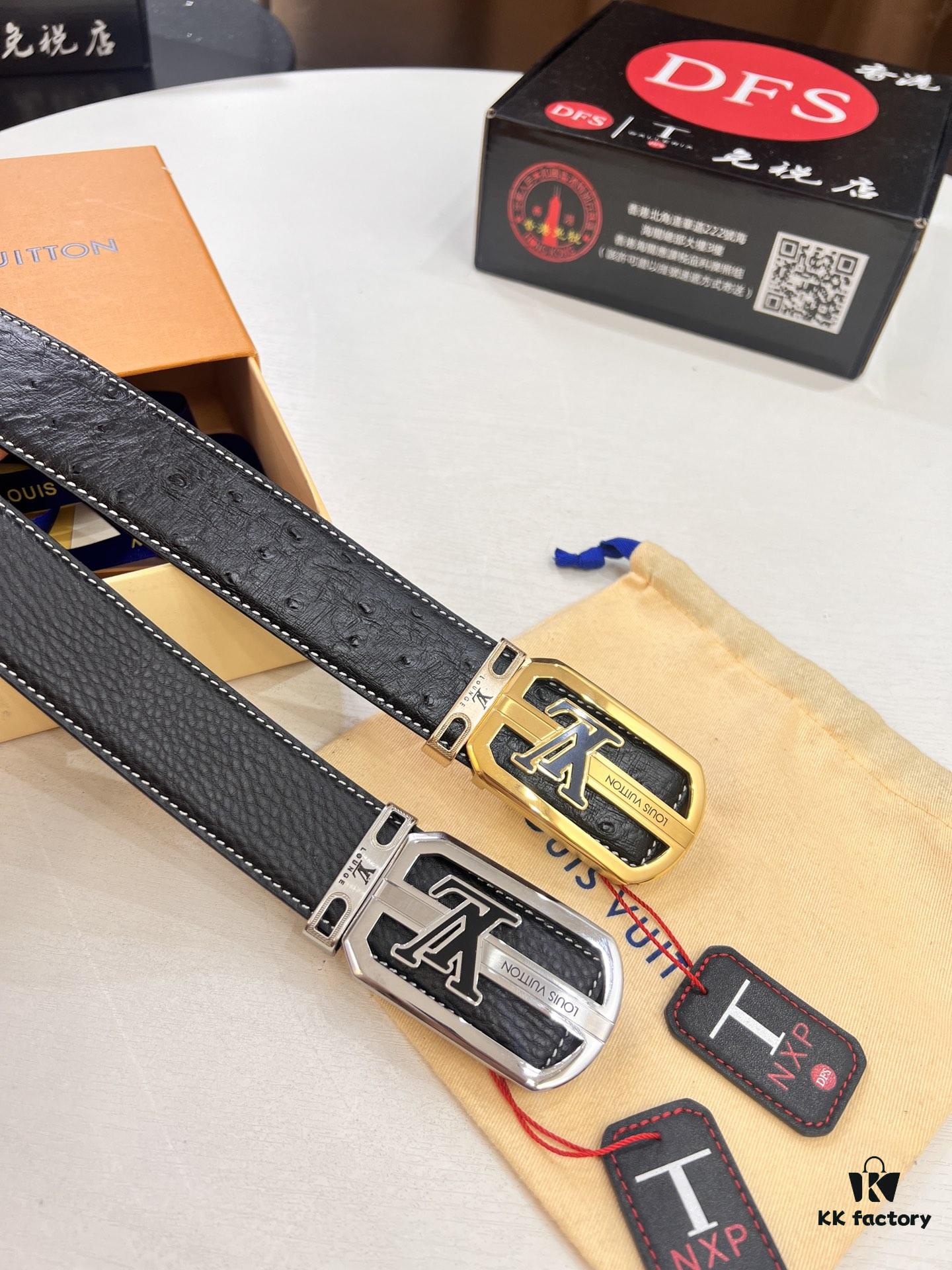 Top-tier Louis Vuitton LV Belt, Original Factory Hong Kong Duty-Free T Gift Box (NXP RFID Tag with Verifiable Chip), French Crocodile Ostrich Grain Full-Grain Calfskin, 3.8cm Width, Stainless Steel Precision Buckle with Beveled Edges