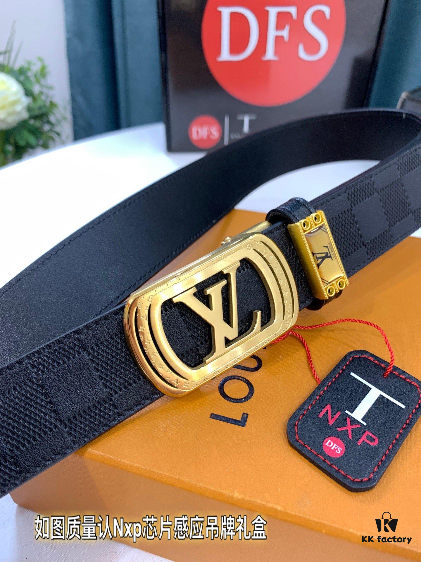 Louis Vuitton Automatic Buckle Belt, Top-Quality Genuine Leather, Imported Full-Grain Calfskin with Refined Grain Texture, 3.5cm Width, Smooth Slide Mechanism, Stainless Steel LV Hardware