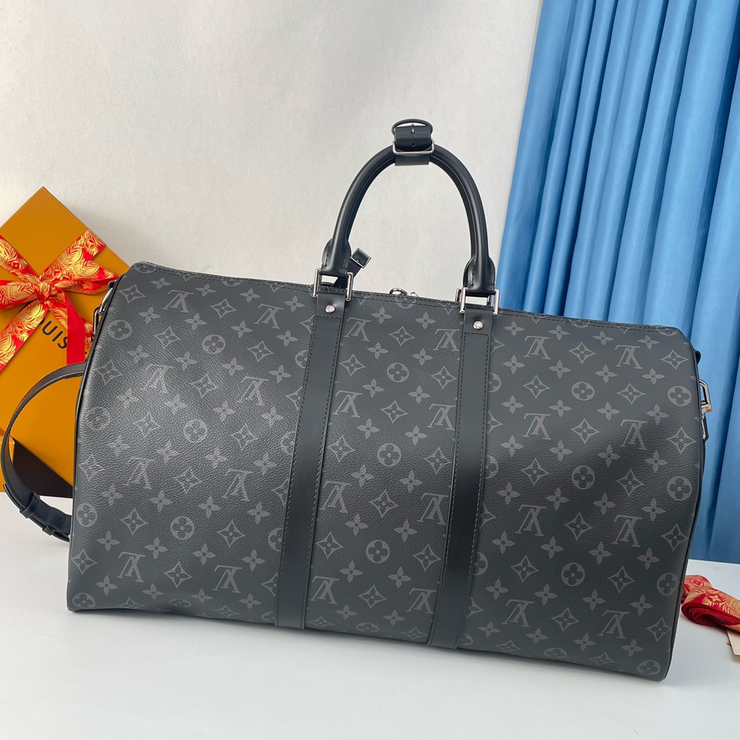 Louis Vuitton The Keepall 50 travel bag, crafted from the new, iconic black and grey Monogram Eclipse canvas.