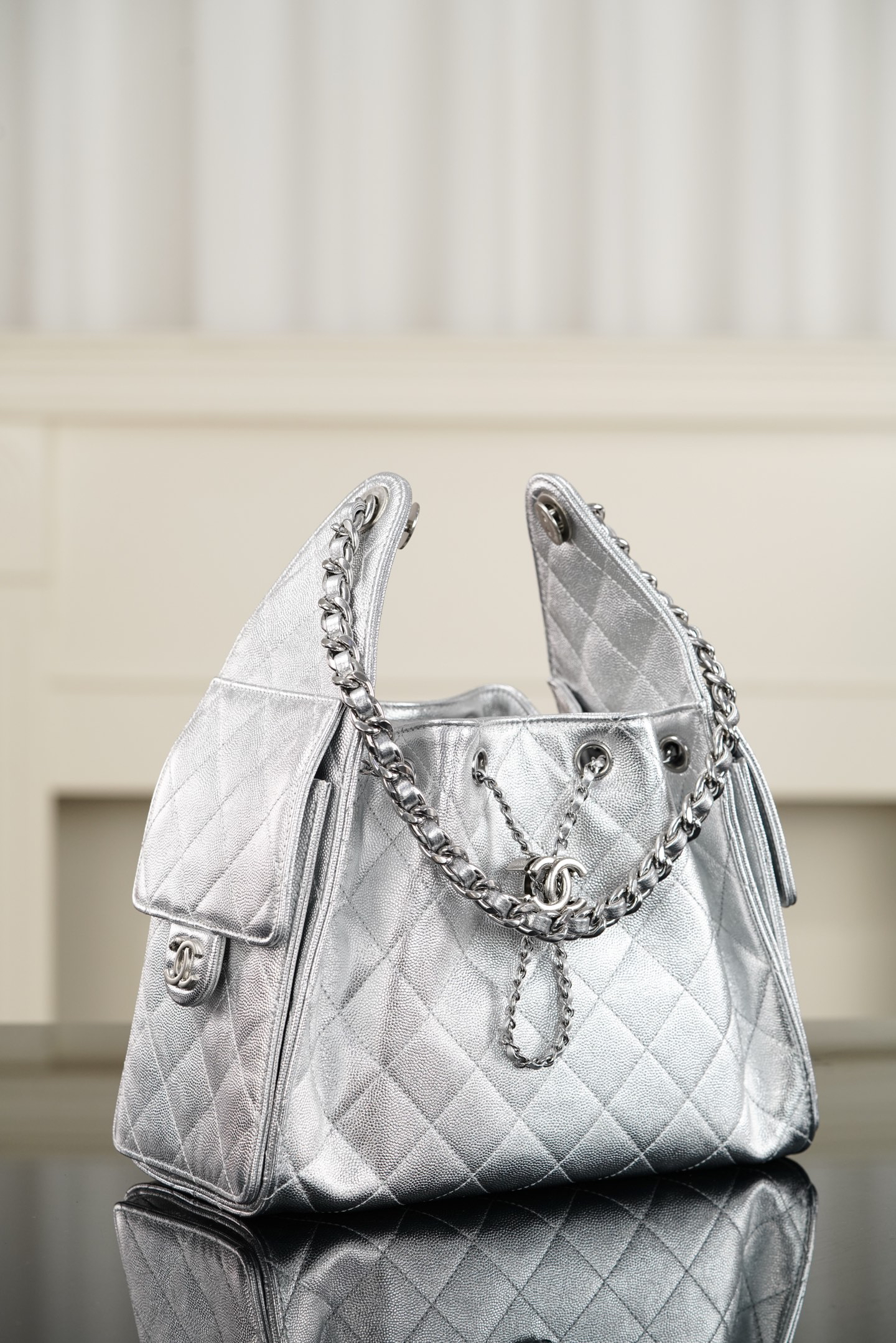 26c 25bag Drawstring Bucket Bag, Silver with Silver Buckle, Small Size