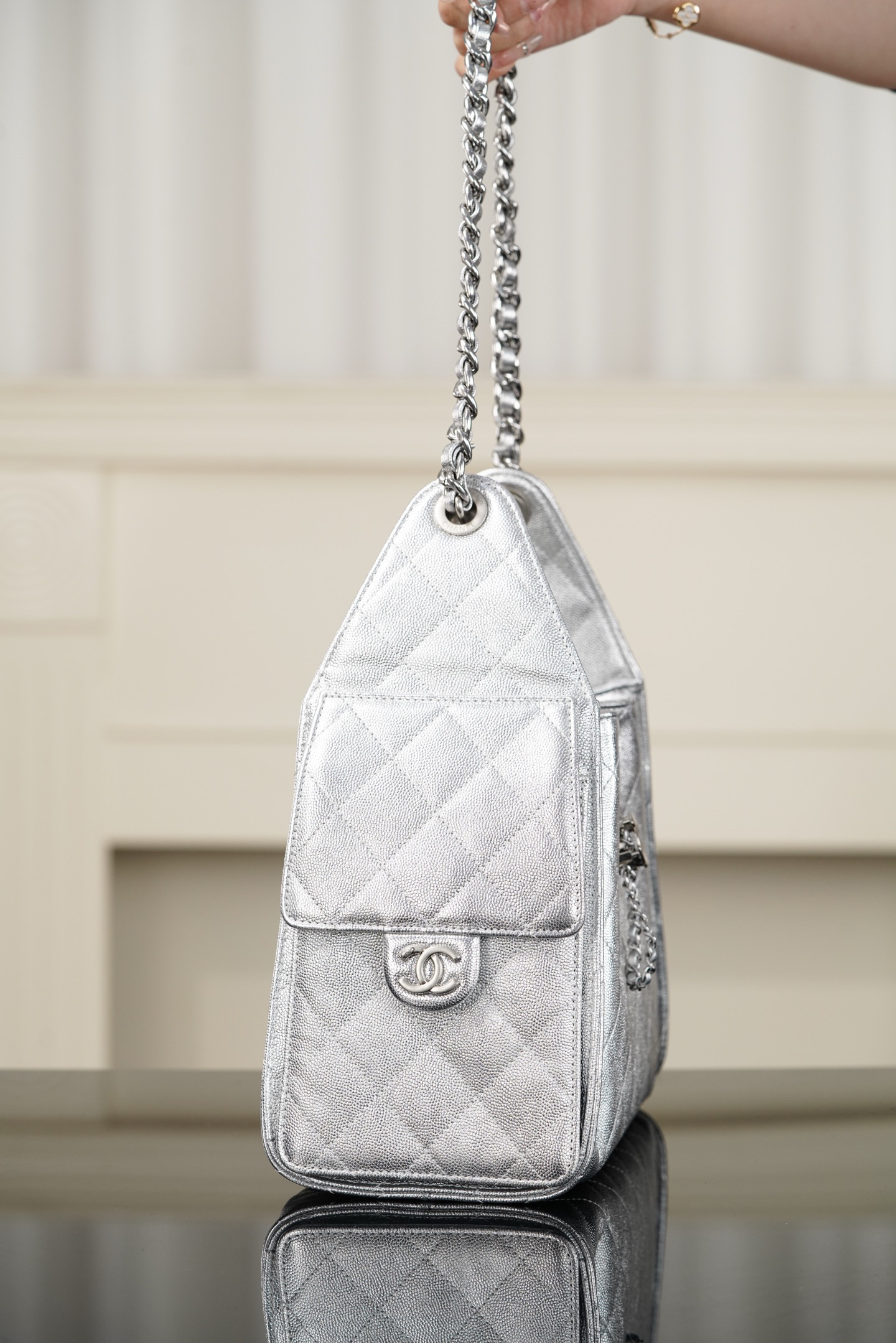 26c 25bag Drawstring Bucket Bag, Silver with Silver Buckle, Small Size