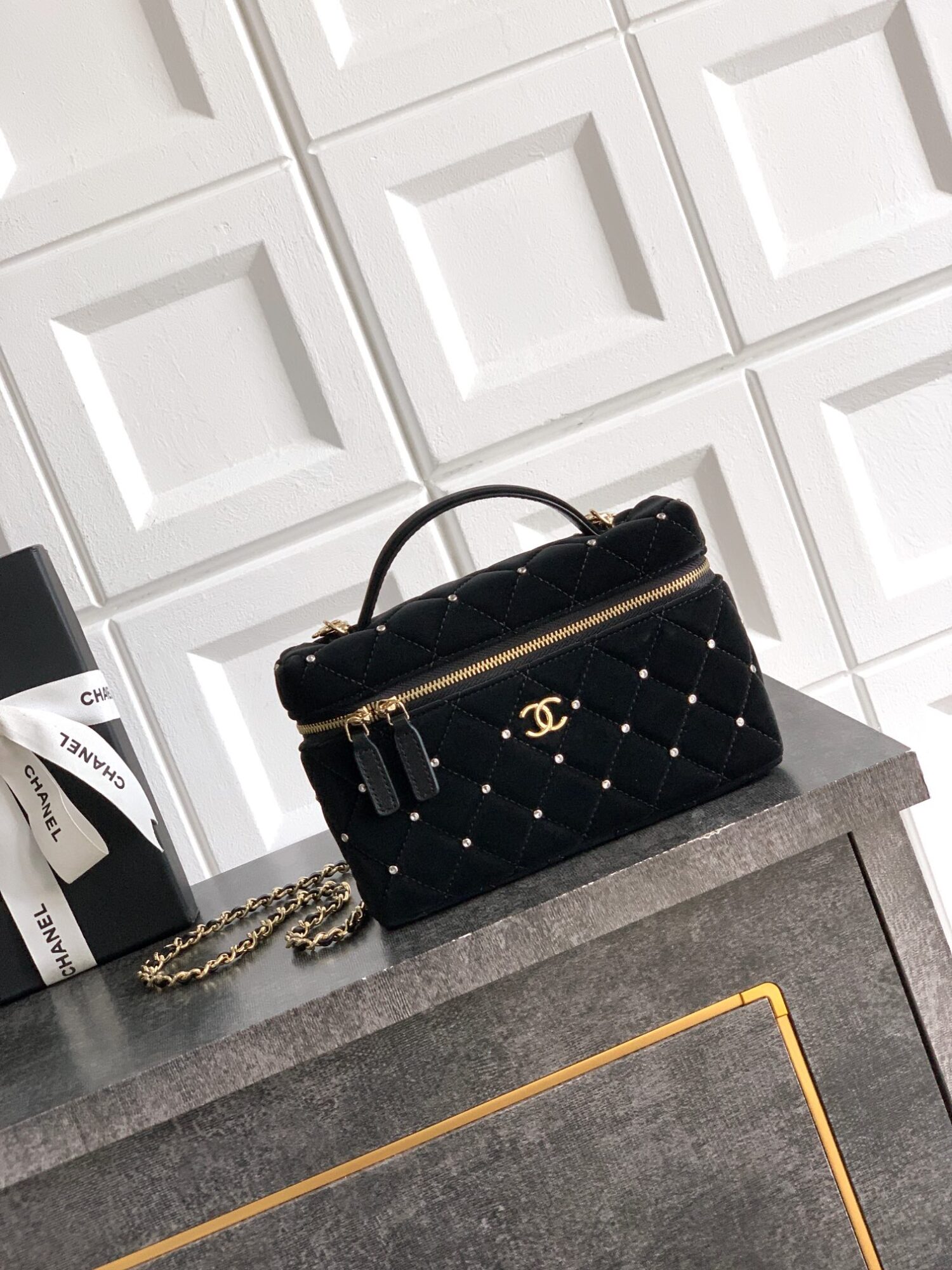 OHANEL 25k Black Velvet Diamond-Studded Crescent Bag