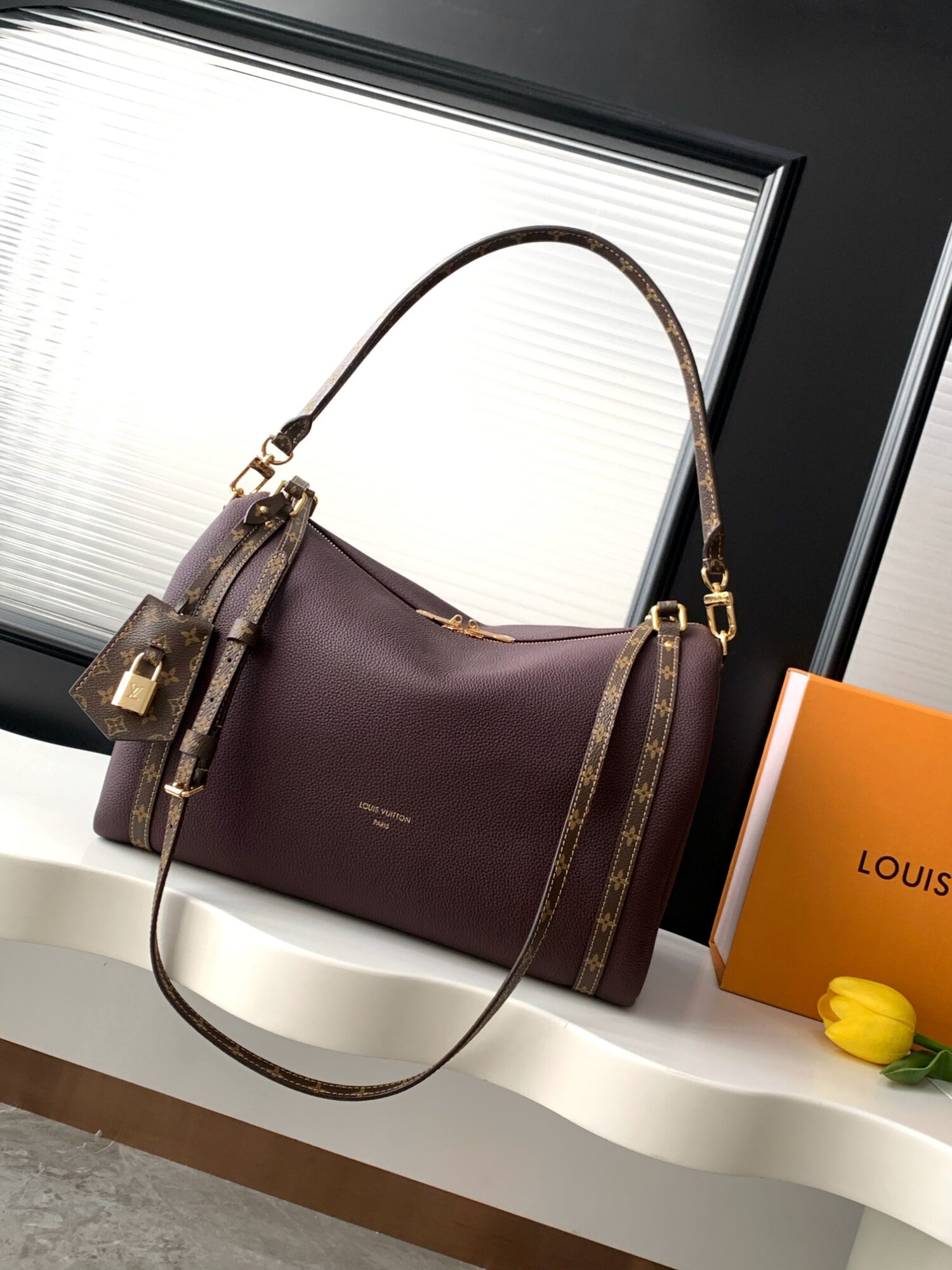 Louis Vuitton M26397 Ebony Color. This Express medium-sized handbag is crafted from supple cowhide leather and effortlessly complements various urban styles.