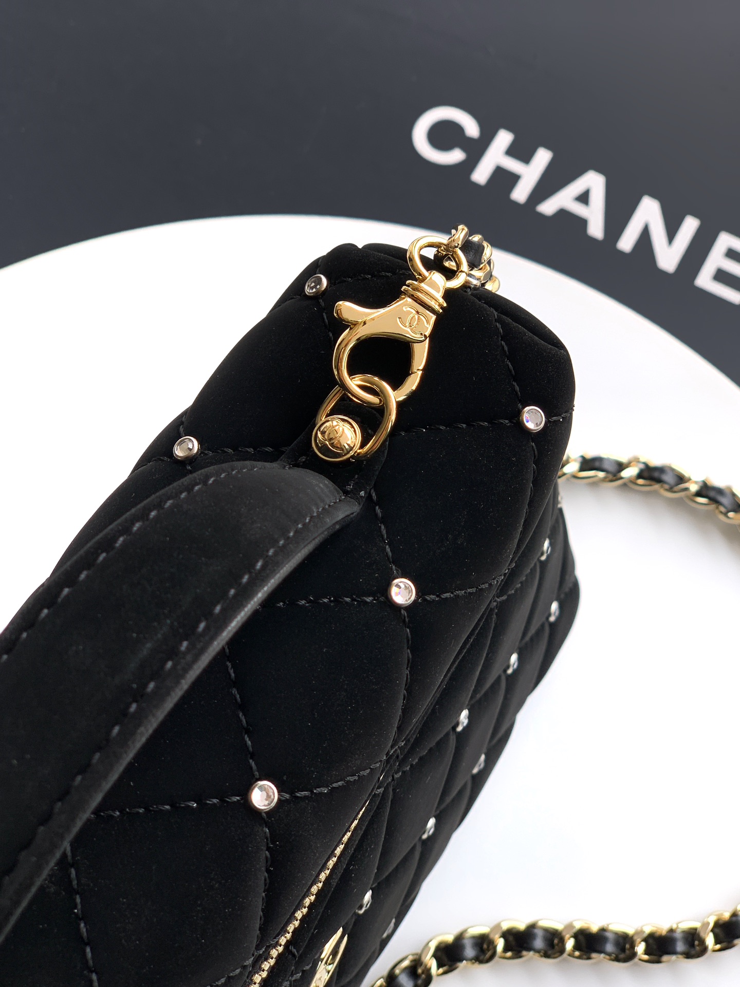 OHANEL 25k Black Velvet Diamond-Studded Crescent Bag