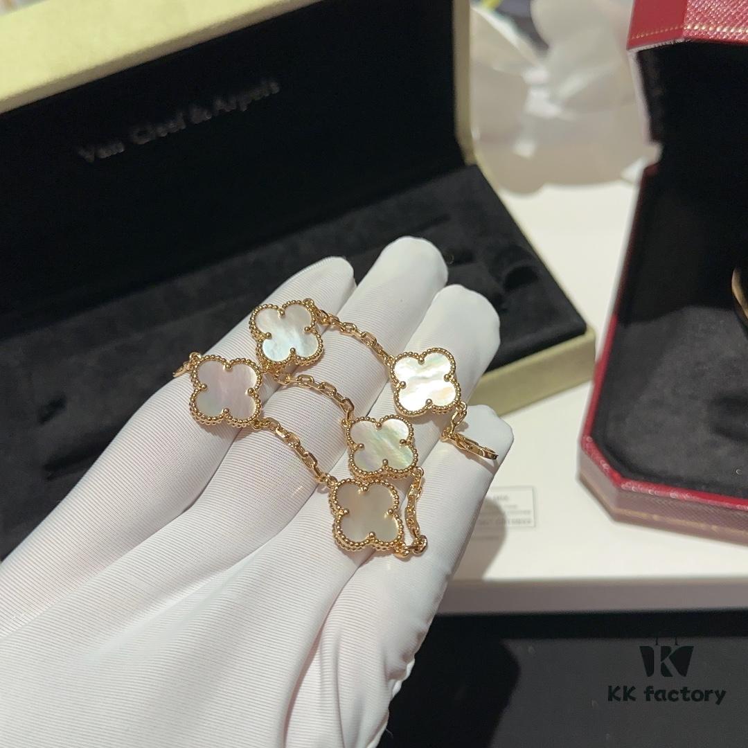 Versatile Top-Tier Jewelry: VCA-Inspired Five-Petal White Mother-of-Pearl Bracelet and Cartier-Style Nailed Polished Gold Bangle, Thick 18K Gold Plated with Natural White Mother-of-Pearl